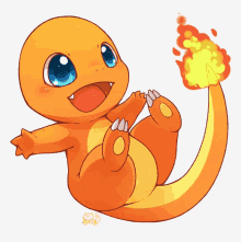 a cartoon drawing of a lizard with blue eyes and a fire tail