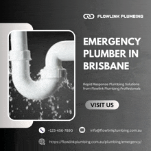 an advertisement for flowlink plumbing shows a pipe leaking water