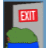 a green frog is standing in front of a red exit sign .