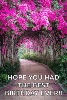 a birthday card with a path covered in pink flowers