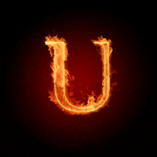 the letter u is covered in flames on a dark background