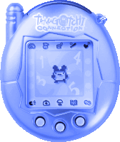 a blue tamagotchi connection device with a cartoon character on it