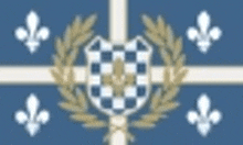 a blue and white flag with a coat of arms and fleur de lis on it