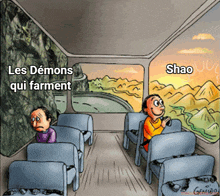 a cartoon of a bus with the words " les demons qui farment " on it