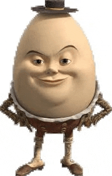 a cartoon egg wearing a hat and pants is standing with his hands on his hips .