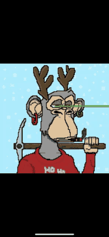 a pixel art of a monkey wearing a sweater that says ho ho on it