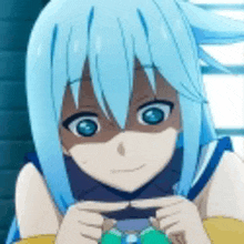 a close up of a anime girl with blue hair holding a toy .