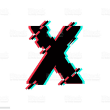 the letter x has a glitch effect on it and is on a white background .