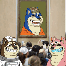 two cartoon dogs are standing in front of a painting of a dog