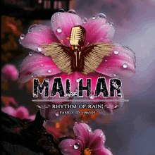 a pink flower with water drops and the words malhar on it