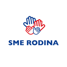 a blue and red logo for sme rodina shows three hands