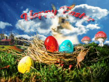 a happy easter greeting card with a bunny rabbit and eggs in a nest