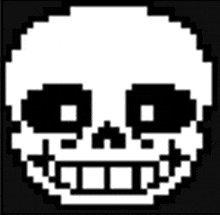 a black and white pixel art drawing of a skull with a smile on its face .