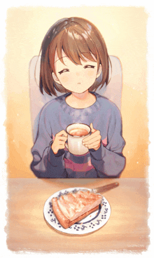 a girl is sitting at a table with a cup of coffee and a piece of toast