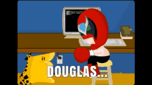 a cartoon of a boxer sitting in front of a computer with the words douglas on the bottom