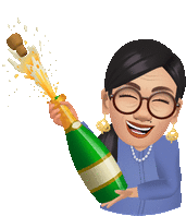 a cartoon woman is holding a bottle of champagne in her hand .