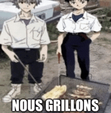 two anime characters standing next to a grill with the words nous grillons on the bottom