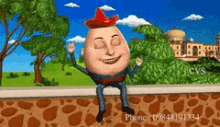 a cartoon character with a red hat and a phone number