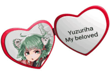 a heart shaped mirror with a picture of a girl and the words " yozuriha my beloved " on it