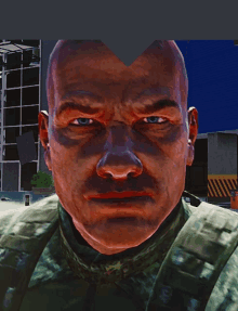 a close up of a man 's face with a building in the background and a sign that says ' police ' on it