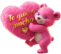 a pink teddy bear is holding a pink heart with te quiero mucho written on it