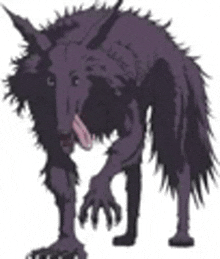 a purple werewolf is standing on its hind legs with its tongue out .