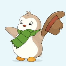 a cartoon penguin wearing a green scarf and holding a brown hat