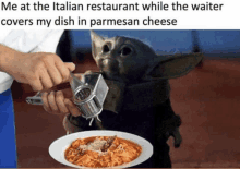 a picture of a baby yoda holding a grater next to a plate of pasta