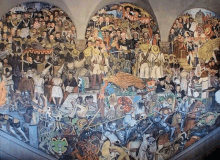 a large painting of a crowd of people with a sign that says " mexico "