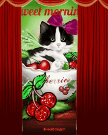 a black and white cat with a purple bow is in a bowl of cherries and says sweet morning