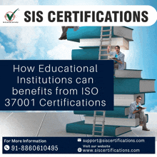 an advertisement for sis certifications shows a man sitting on a pile of books