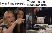 two women are pointing at a cat with the words thoon in the meantime kith