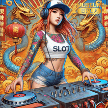 a woman wearing headphones and a white top that says slot