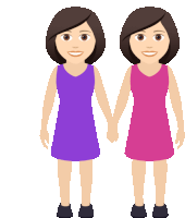 two women in purple and pink dresses holding hands on a white background