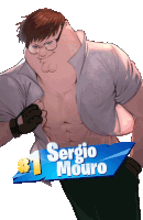 a cartoon character with the name sergio mouro on a blue banner