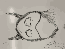 a black and white drawing of a fish with a blue stripe on it