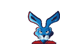 a blue rabbit with red ears and a red jacket on