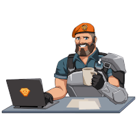 a cartoon of a man sitting at a desk with a laptop and holding a cup of coffee