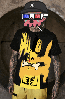 a tattooed man wearing a black t-shirt with a yellow cartoon dog on it