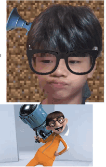 a picture of a boy wearing glasses next to a picture of a cartoon character holding a gun