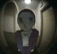 a cartoon character is standing in a hallway with a doorbell in the foreground