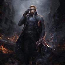 a man in a trench coat and sunglasses is holding a monster