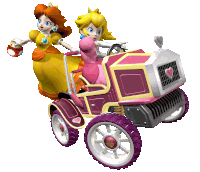 daisy and peach are riding in a pink car