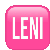 a pink square button with the word leni in white letters