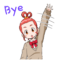 a cartoon girl with red hair is waving her hand with the word bye written above her