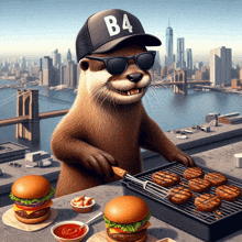 an otter wearing sunglasses and a b4 hat is grilling burgers