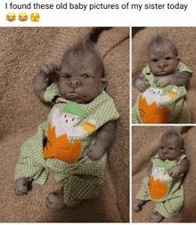 a picture of a baby gorilla with the caption " i found these old baby pictures of my sister today " on the bottom