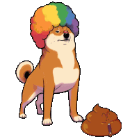 a cartoon dog with a rainbow afro and a pile of poop