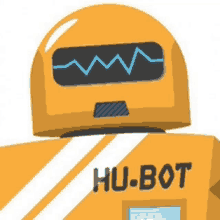 a cartoon drawing of a yellow robot with hu-bot written on its back