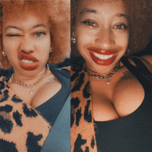 two pictures of a woman making a funny face and smiling with red lipstick